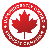 Red maple leaf with the words "Canada Proud" and "Independently Owned" around it.